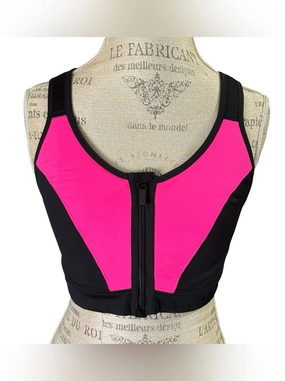 Livi Active for Lane Bryant Black Hot Pink Front-zip Wire-free Sports Bra 38DD